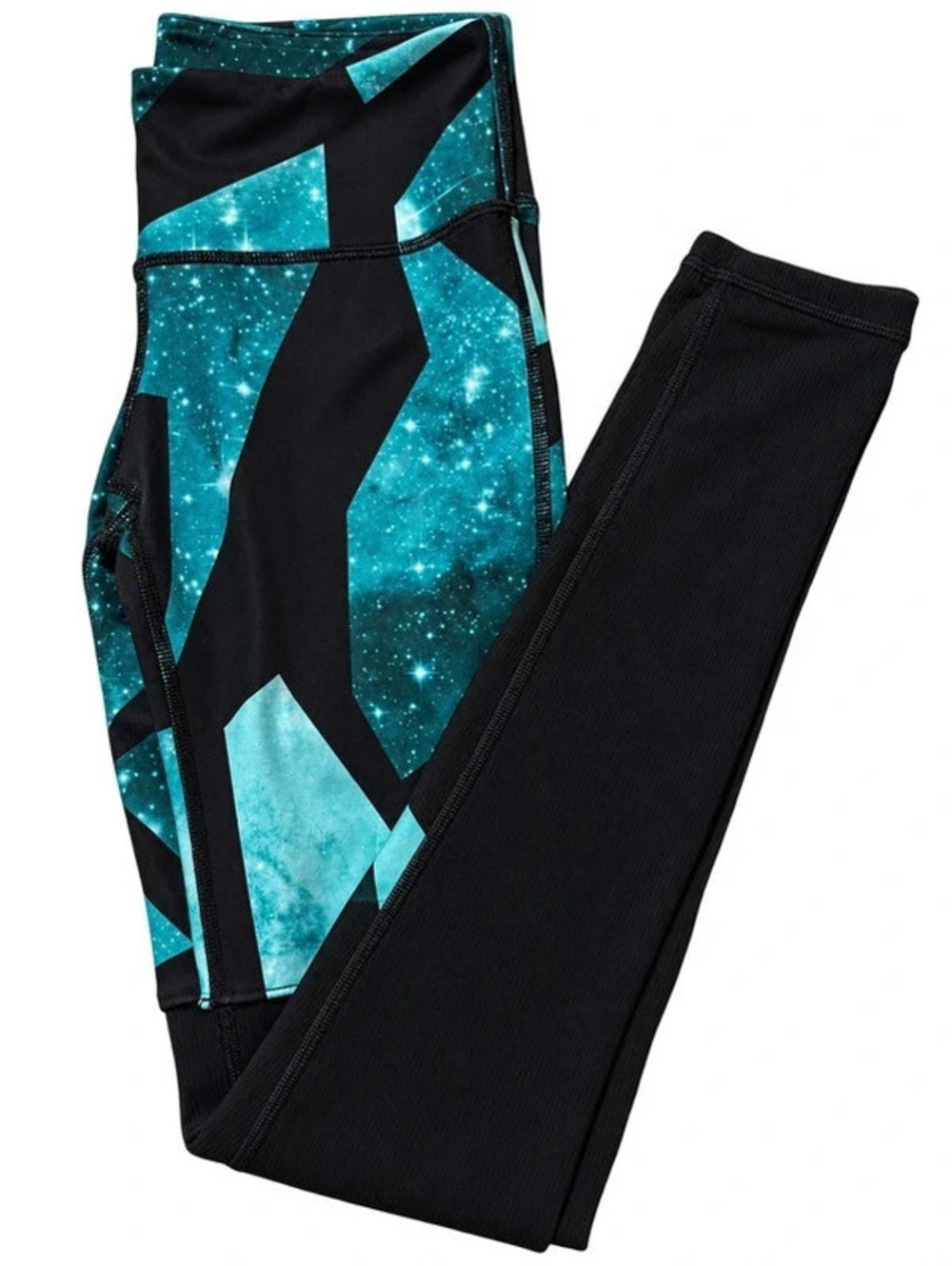 Alo Yoga Galaxy Geometric Colorblock Leggings Black Teal Ribbed Detail